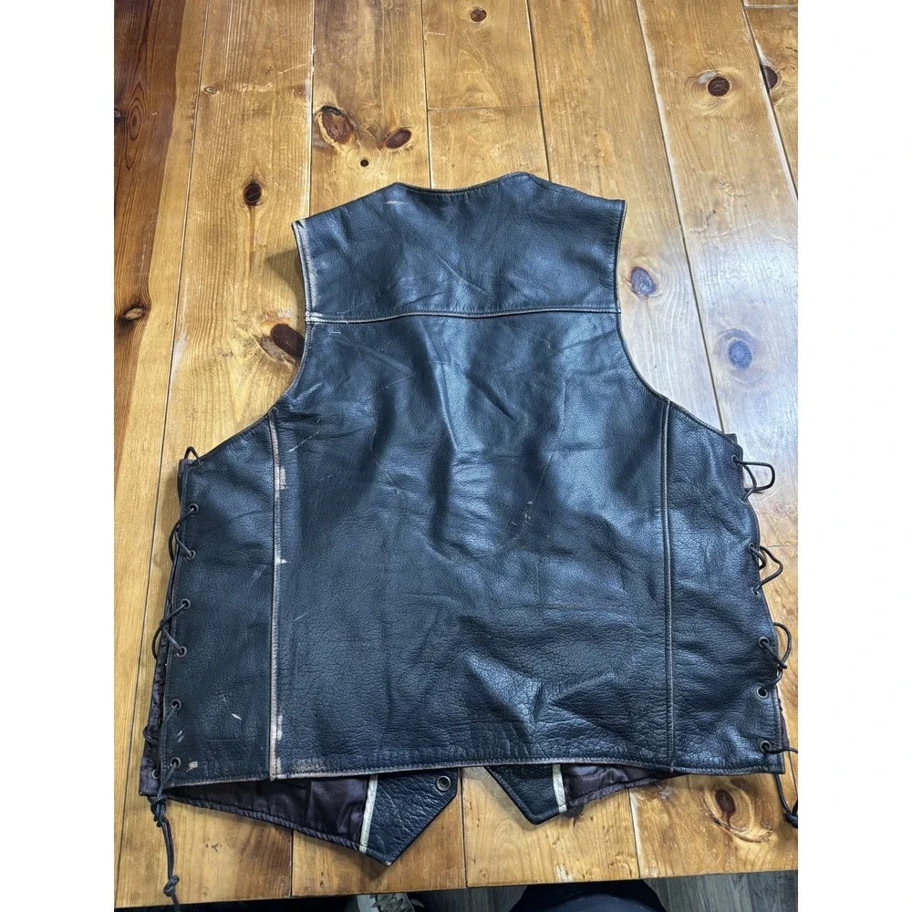 UNIK Vintage Leather Biker Vest Men's XL Black Side Lacing Snap Zip Motorcycle
